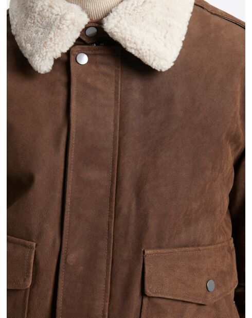 Blouson col sherpa en cuir cognac