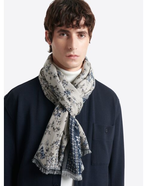 Coffret écharpe fleurie en viscose bleu cobalt - 185x70 cm