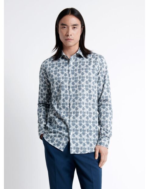 Chemise fleurie 100% coton bleu outremer