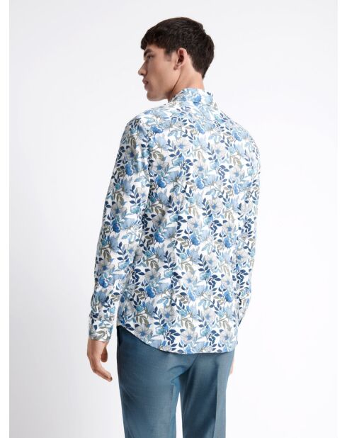 Chemise stretch fleurie en coton mélangé bleu outremer