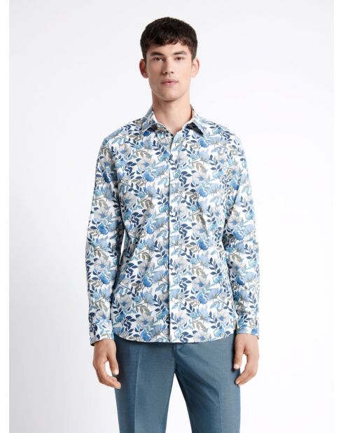 Chemise stretch fleurie en coton mélangé bleu outremer