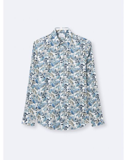 Chemise stretch fleurie en coton mélangé bleu outremer