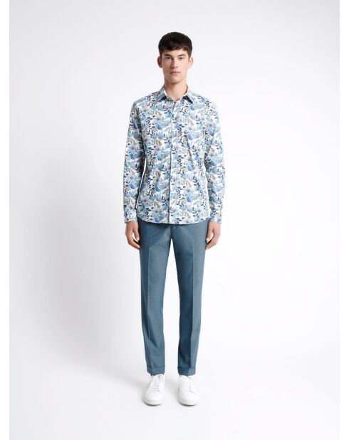 Chemise stretch fleurie en coton mélangé bleu outremer