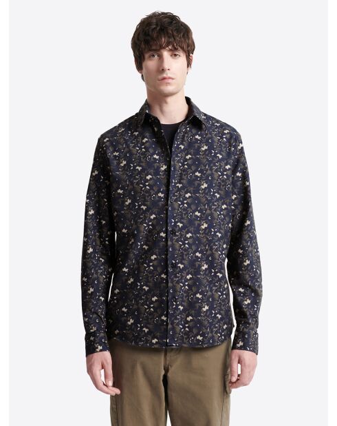 Chemise fleurie 100% coton bio bleu marine