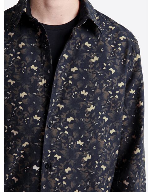 Chemise fleurie 100% coton bio bleu marine