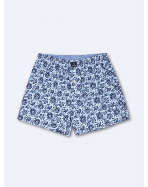 Shorty 100% coton fleuri blanc/bleu