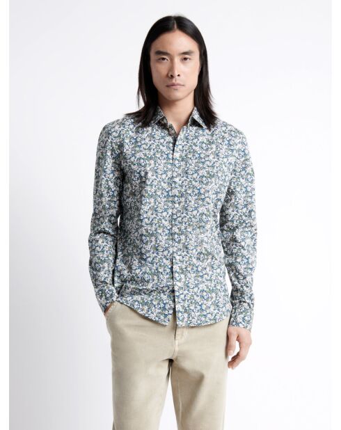 Chemise en coton mélangé fleurie bleu cobalt