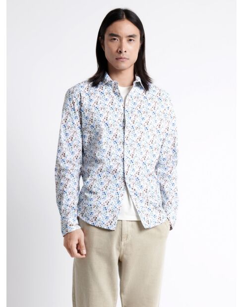 Chemise stretch fleurie en coton mélangé blanche