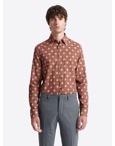 Chemise fleurie en coton orange brulé