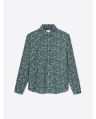 Chemise slim fleurie en coton vert mer