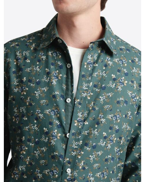 Chemise slim fleurie en coton vert mer
