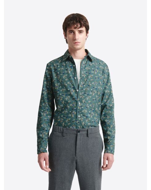 Chemise slim fleurie en coton vert mer
