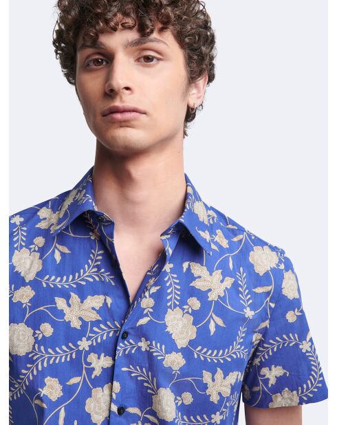 Chemise 100% coton fleurie bleu horizon