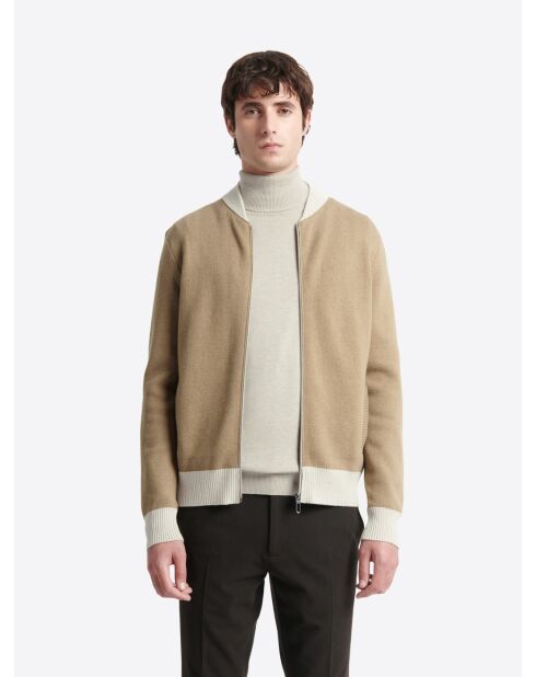 Gilet col teddy en Coton & Cachemire bicolore new camel