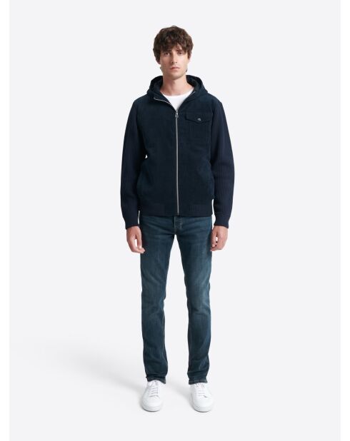 Cardigan à capuche bi-matière bleu marine