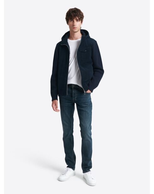 Cardigan à capuche bi-matière bleu marine