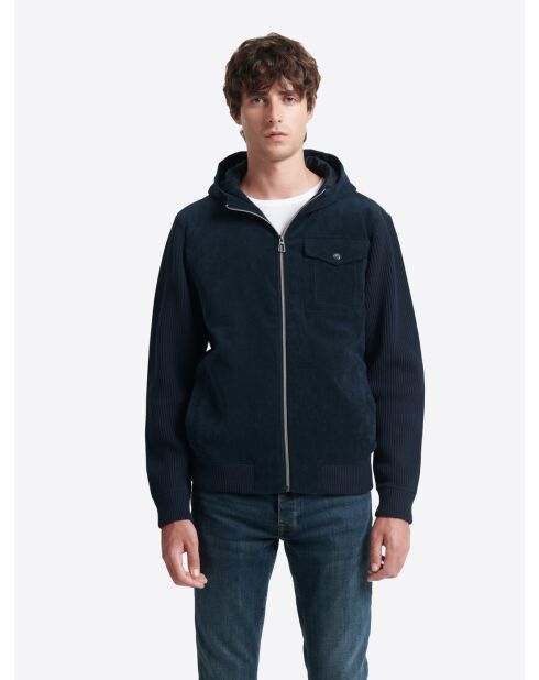 Cardigan à capuche bi-matière bleu marine