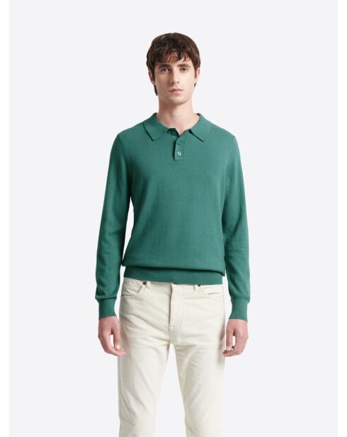 Polo boutonné en maille Coton & Cachemire vert mer