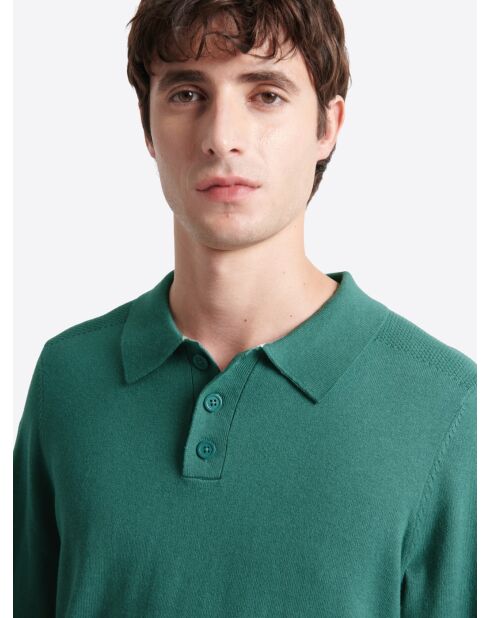 Polo boutonné en maille Coton & Cachemire vert mer