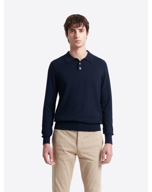 Polo boutonné en maille Coton & Cachemire bleu capitaine