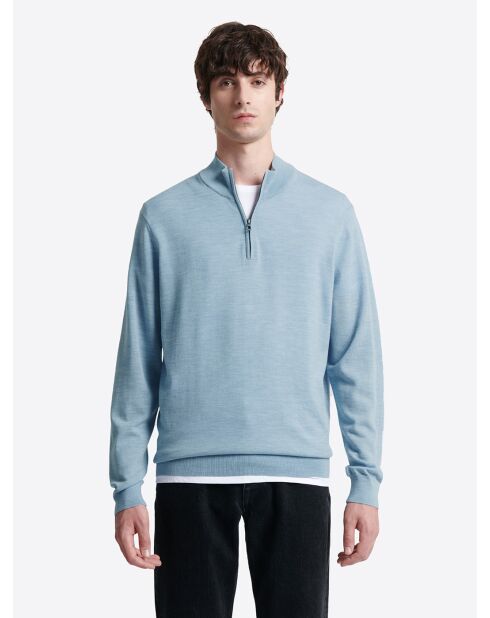 Pull col cheminée zip 100% Laine mérinos bleu ciel 2