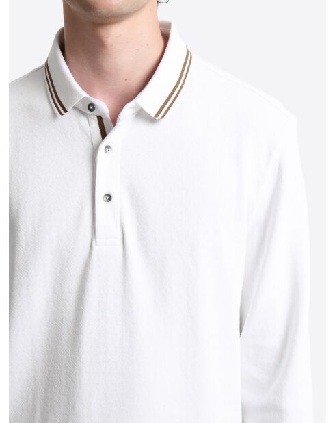 Polo manches longues col rayé en coton blanc neige