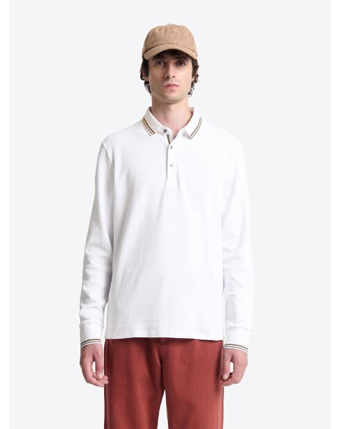 Polo manches longues col rayé en coton blanc neige