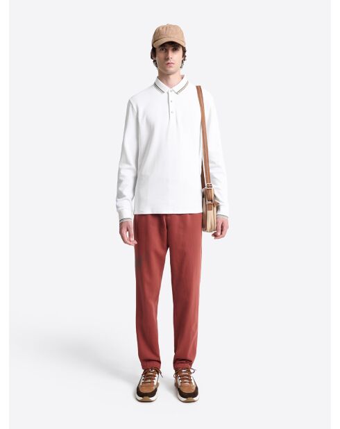 Polo manches longues col rayé en coton blanc neige