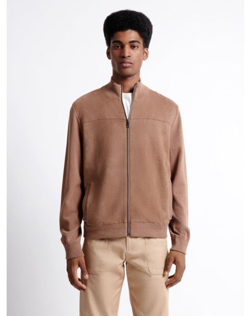 Cardigan à col montant en coton mélangé noisette