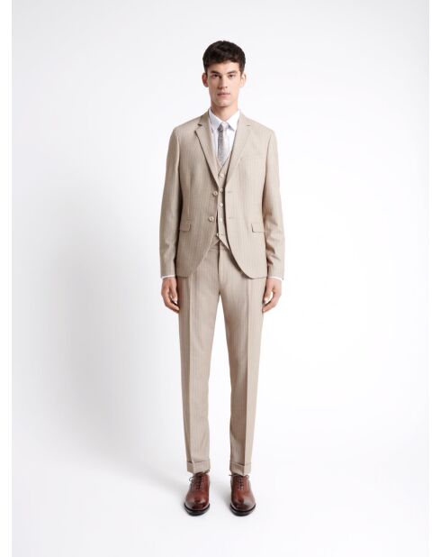 Pantalon de costume stretch rayé beige