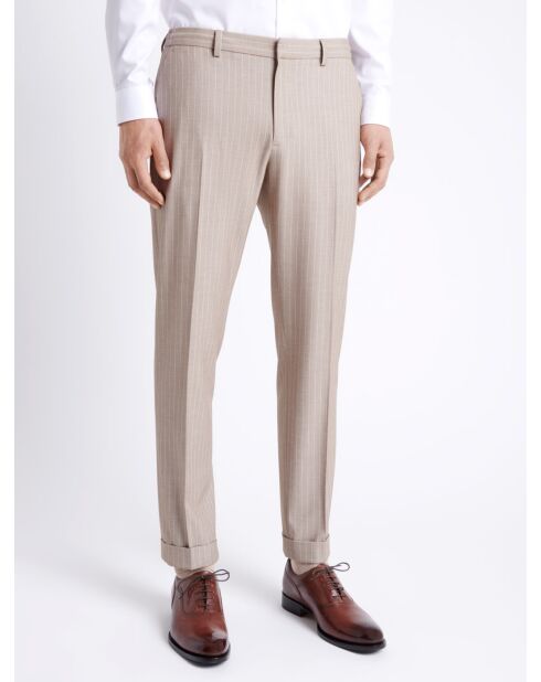 Pantalon de costume stretch rayé beige