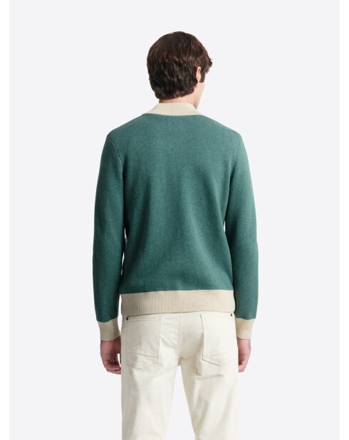 Gilet col teddy coton-cachemire bicolore vert mer