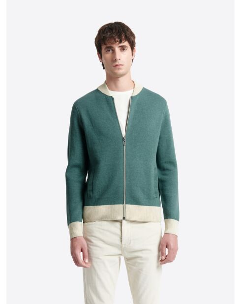 Gilet col teddy coton-cachemire bicolore vert mer