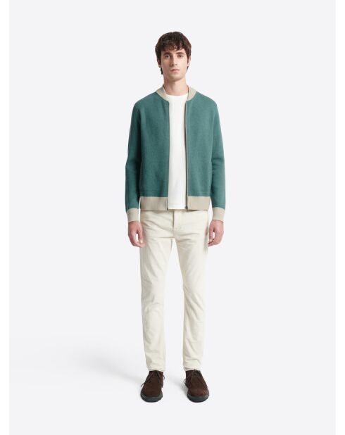 Gilet col teddy coton-cachemire bicolore vert mer