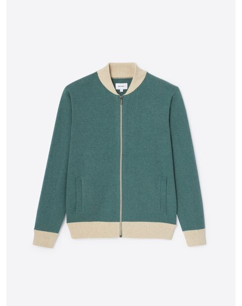 Gilet col teddy coton-cachemire bicolore vert mer