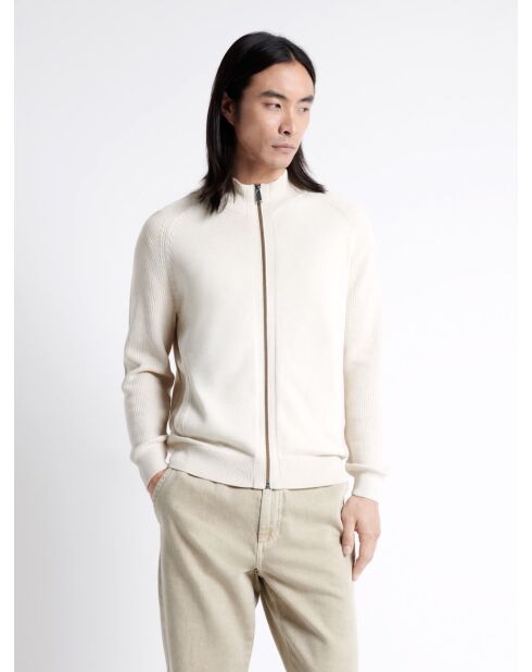 Cardigan col montant zippé 100% coton blanc cassé