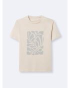T-shirt col rond en Coton fleuri grège