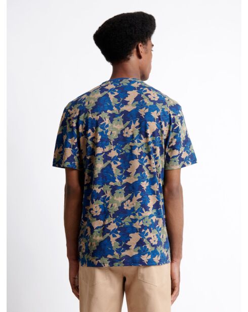 T-shirt col rond en Coton texturé fleuri bleu capitaine