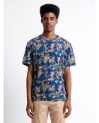 T-shirt col rond en Coton texturé fleuri bleu capitaine