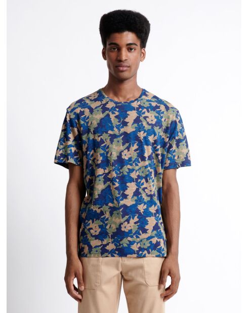 T-shirt col rond en Coton texturé fleuri bleu capitaine
