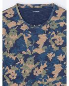 T-shirt col rond en Coton texturé fleuri bleu capitaine