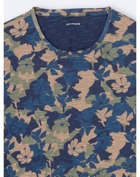 T-shirt col rond en Coton texturé fleuri bleu capitaine