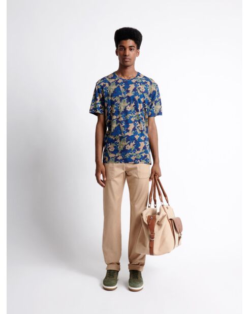 T-shirt col rond en Coton texturé fleuri bleu capitaine