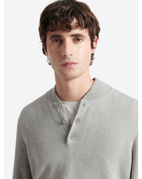 Pull col teddy boutonné en Coton gris chiné clair