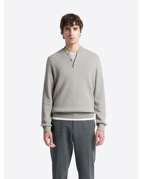 Pull col teddy boutonné en Coton gris chiné clair