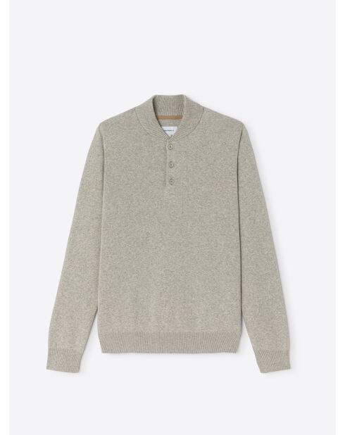 Pull col teddy boutonné en Coton gris chiné clair
