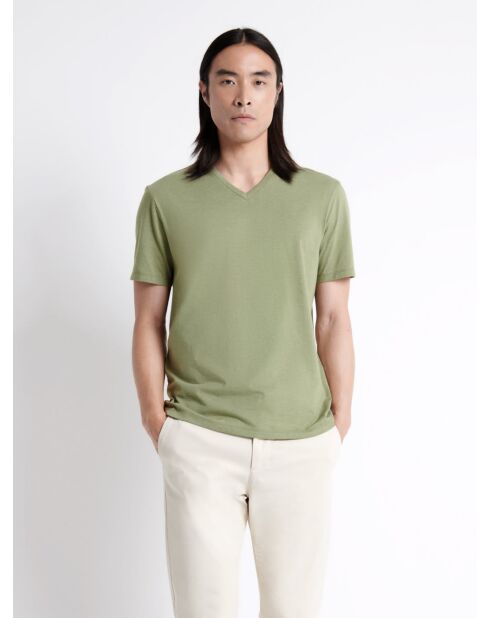 T-shirt col v en matière recyclée vert amande