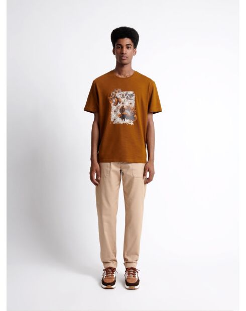 T-shirt col rond en Coton bio fleuri chestnut