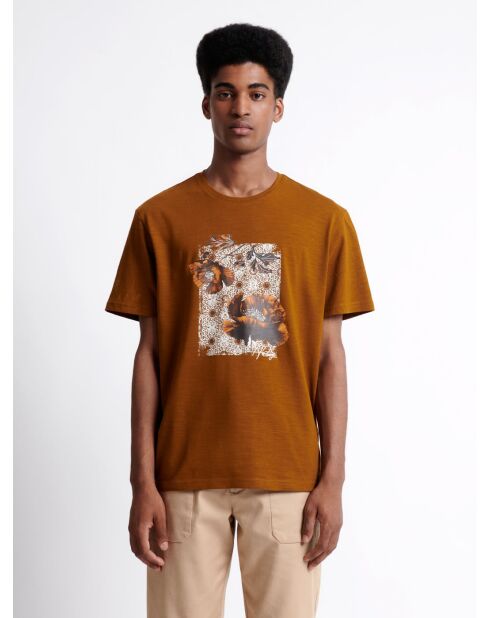 T-shirt col rond en Coton bio fleuri chestnut