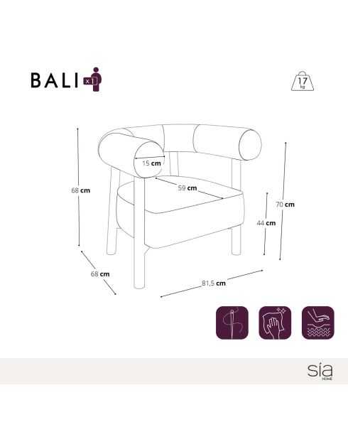 Fauteuil Bali velours chenillé noisette - 81.5x68x68 cm